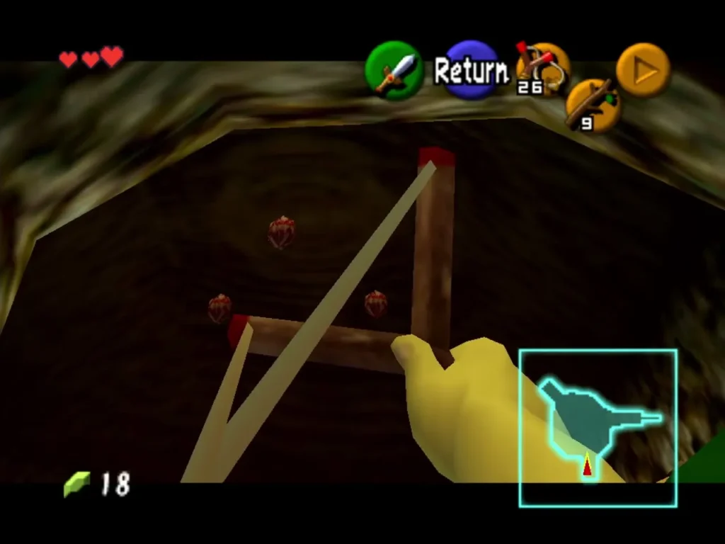 First-person Fairy Slingshot aimed at targets in a dark cave First-person Fairy Slingshot aimed at targets in a dark cave