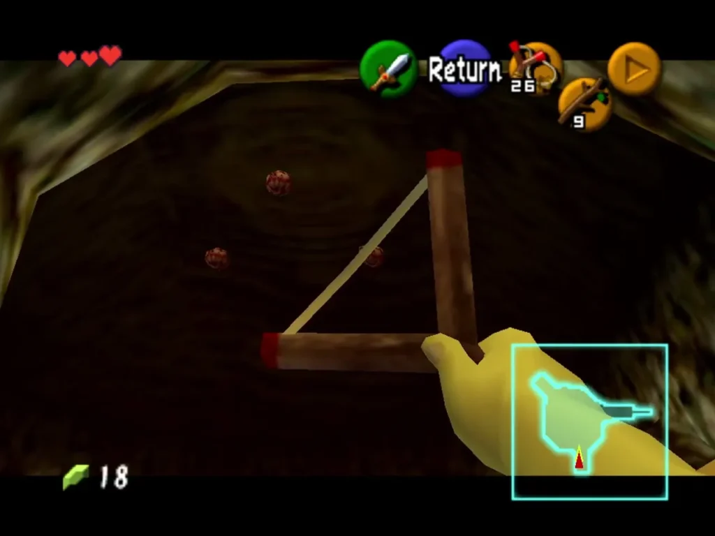 First-person view of the Fairy Slingshot drawn back and aimed at red targets in a cave First-person view of the Fairy Slingshot drawn back and aimed at red targets in a cave