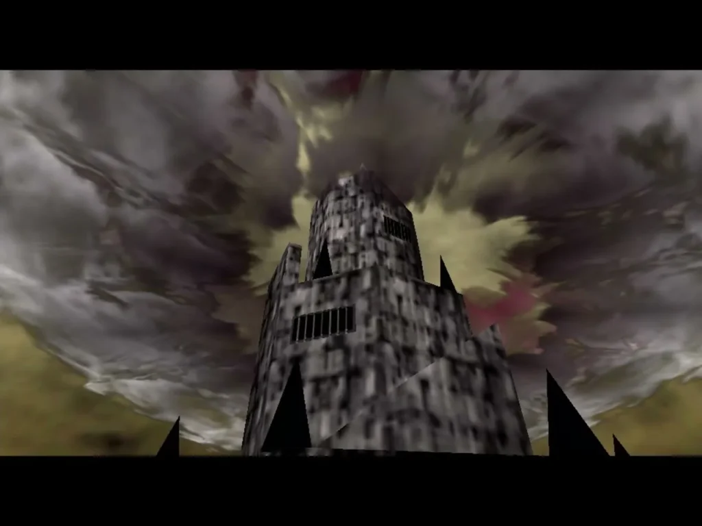 Ganon's Castle rising through storm clouds above the ruined market Ganon's Castle rising through storm clouds above the ruined market