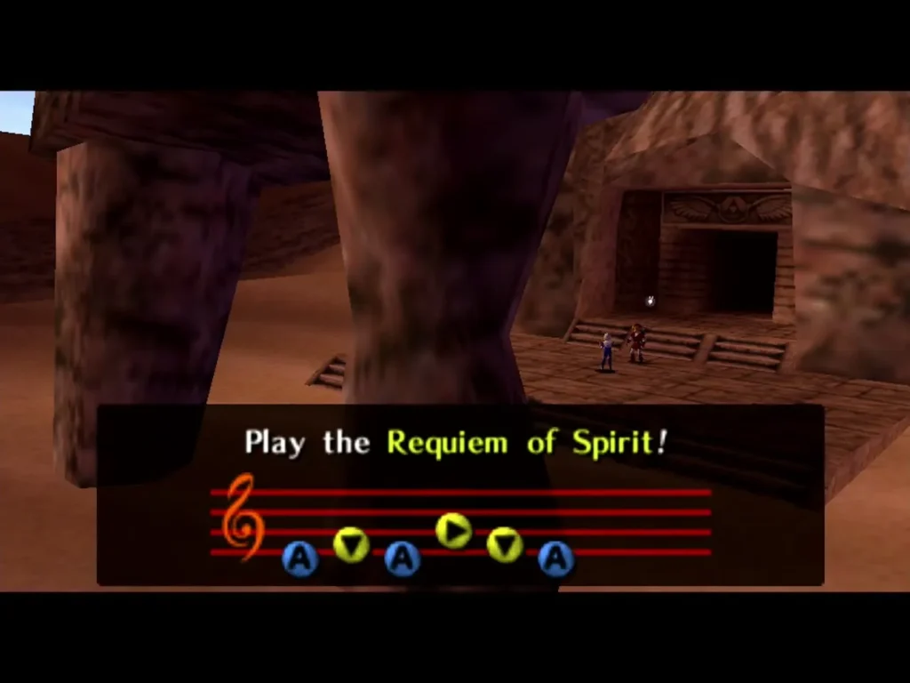 Sheik at the Desert Colossus prompting Play the Requiem of Spirit with the staff Sheik at the Desert Colossus prompting Play the Requiem of Spirit with the staff