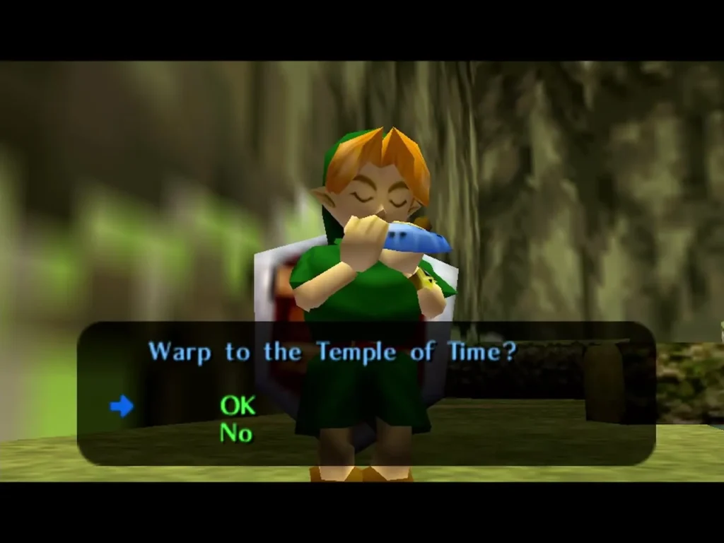 Child Link playing an ocarina outdoors with the Warp to the Temple of Time prompt open Child Link playing an ocarina outdoors with the Warp to the Temple of Time prompt open