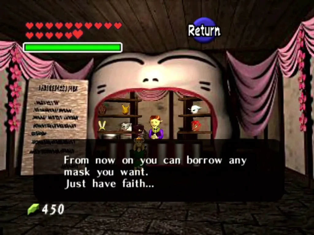 Happy Mask Shop salesman saying Link can now borrow any mask he wants, just have faith Happy Mask Shop salesman saying Link can now borrow any mask he wants, just have faith