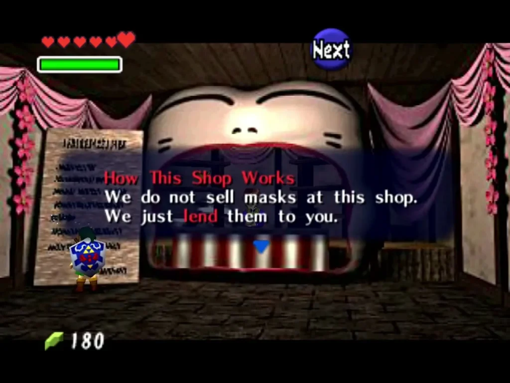 Happy Mask Shop board explaining the shop lends masks rather than selling them Happy Mask Shop board explaining the shop lends masks rather than selling them