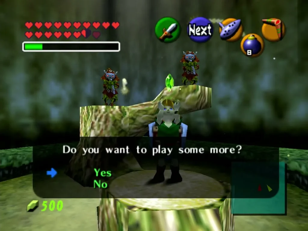 Skull Kids on the stump in the Lost Woods asking Link whether he wants to play some more Skull Kids on the stump in the Lost Woods asking Link whether he wants to play some more
