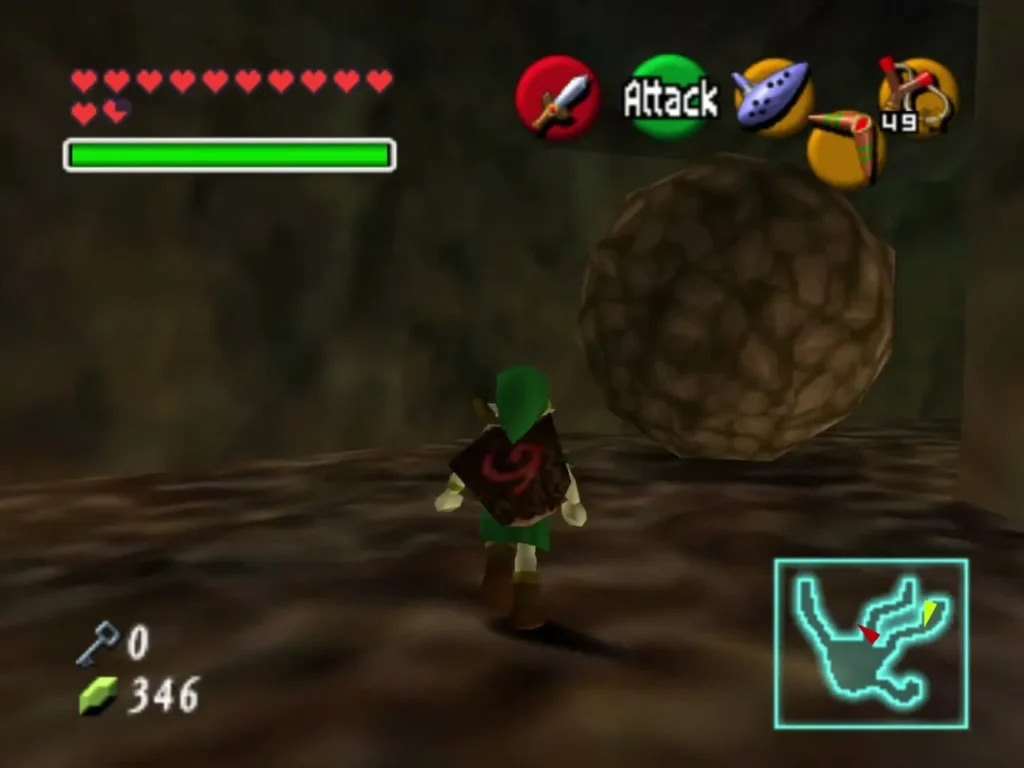 Link running along a rocky cave floor with a boulder rolling up behind him Link running along a rocky cave floor with a boulder rolling up behind him