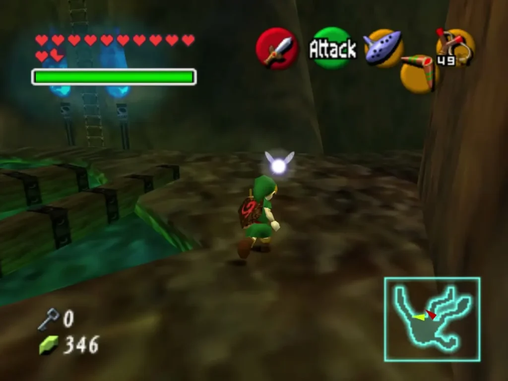 Link walking along a cave passage toward a wooden ladder beside blue flames Link walking along a cave passage toward a wooden ladder beside blue flames