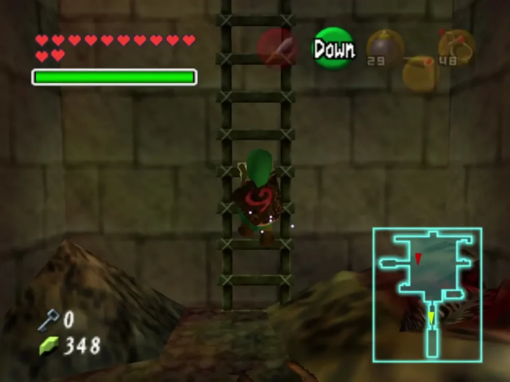 Link climbing a ladder up and out of the Bottom of the Well Link climbing a ladder up and out of the Bottom of the Well