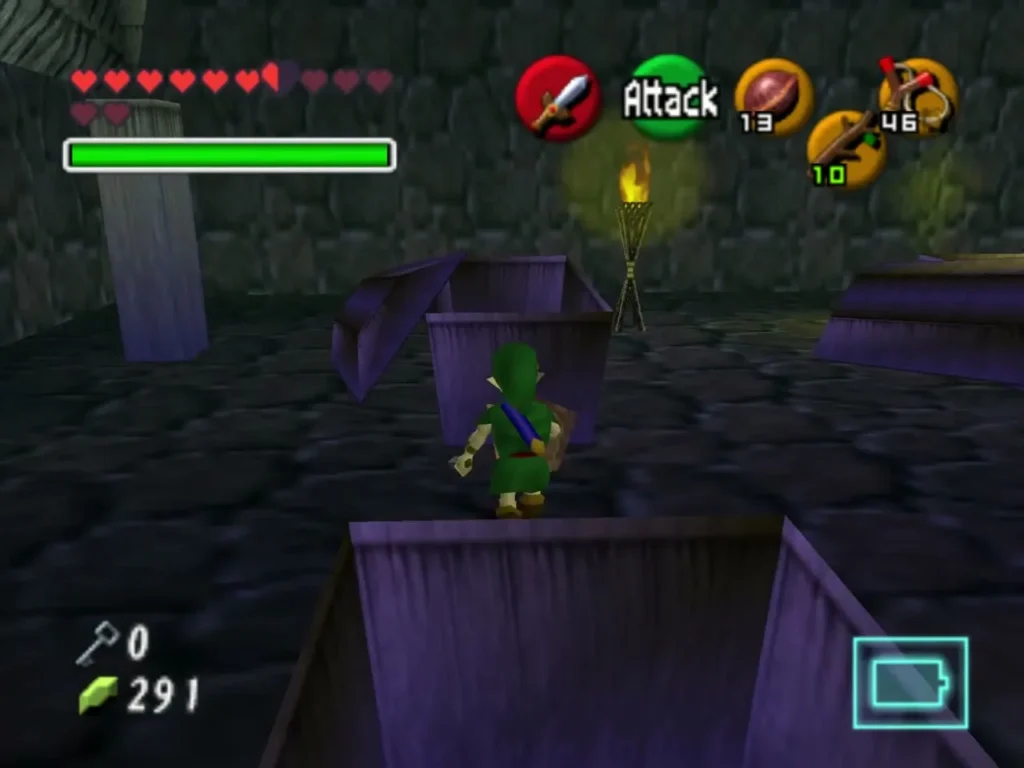 Child Link walking between the purple coffins toward the back of the crypt Child Link walking between the purple coffins toward the back of the crypt