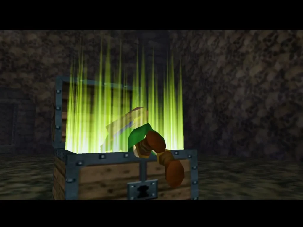 A treasure chest in the crypt opening with a green light A treasure chest in the crypt opening with a green light