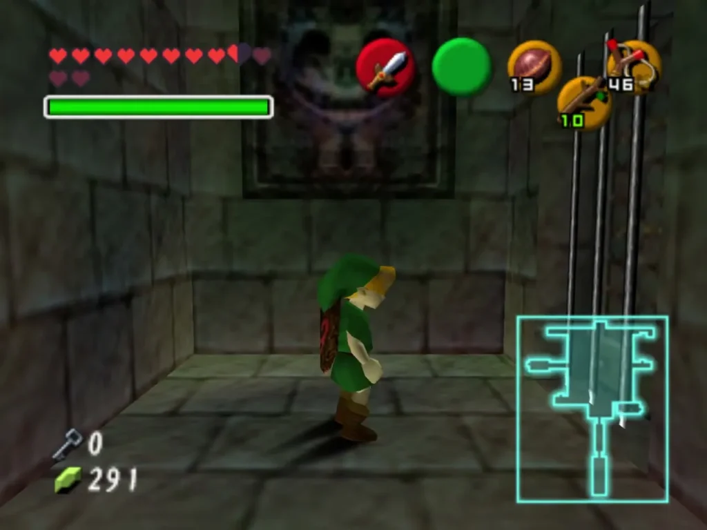 Child Link in a stone corridor beyond the crawl hole, with a grate and a door at the end Child Link in a stone corridor beyond the crawl hole, with a grate and a door at the end