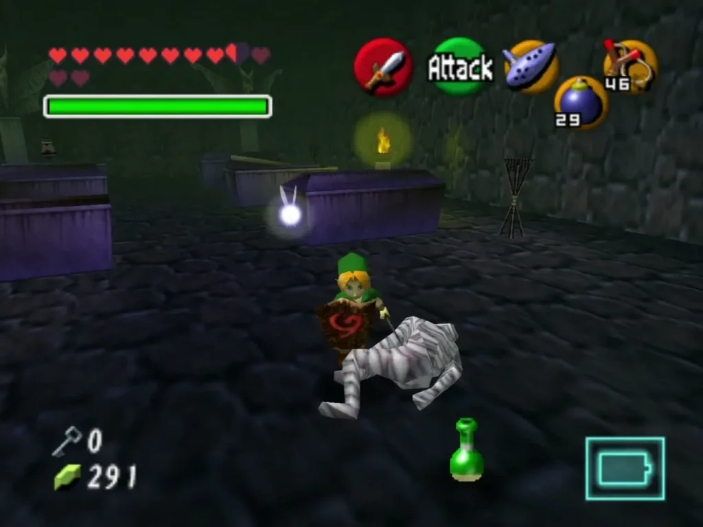 Child Link facing a bandaged Gibdo between purple coffins in a dark crypt Child Link facing a bandaged Gibdo between purple coffins in a dark crypt