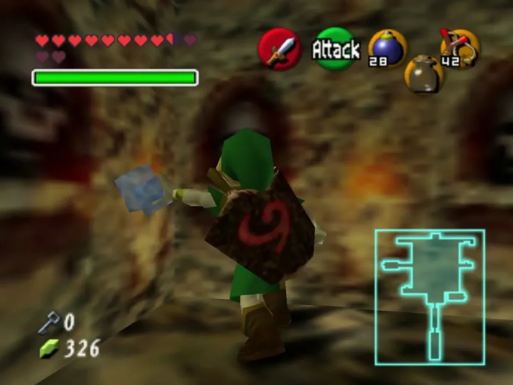 Link swinging an Empty Bottle at a fairy in the Bottom of the Well crypt Link swinging an Empty Bottle at a fairy in the Bottom of the Well crypt