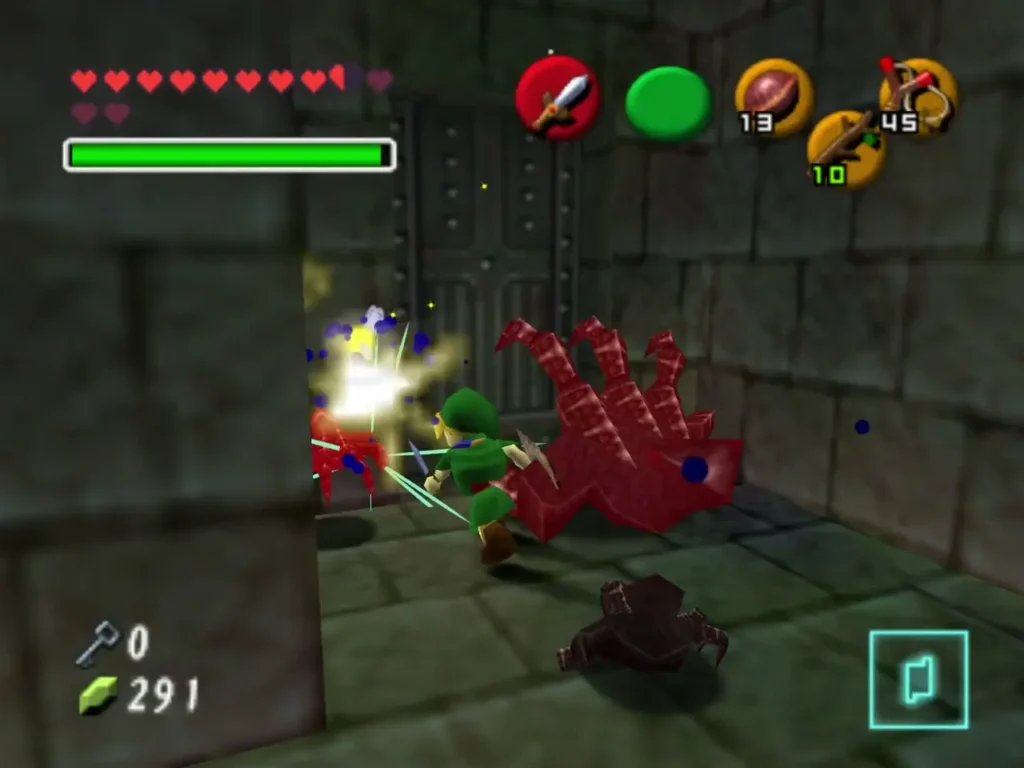 Link slashing a Wallmaster hand on the grated floor of the Bottom of the Well Link slashing a Wallmaster hand on the grated floor of the Bottom of the Well