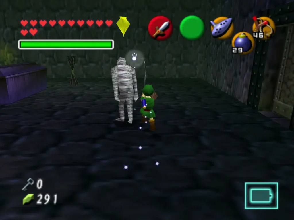 Child Link facing a Gibdo in the dark crypt Child Link facing a Gibdo in the dark crypt