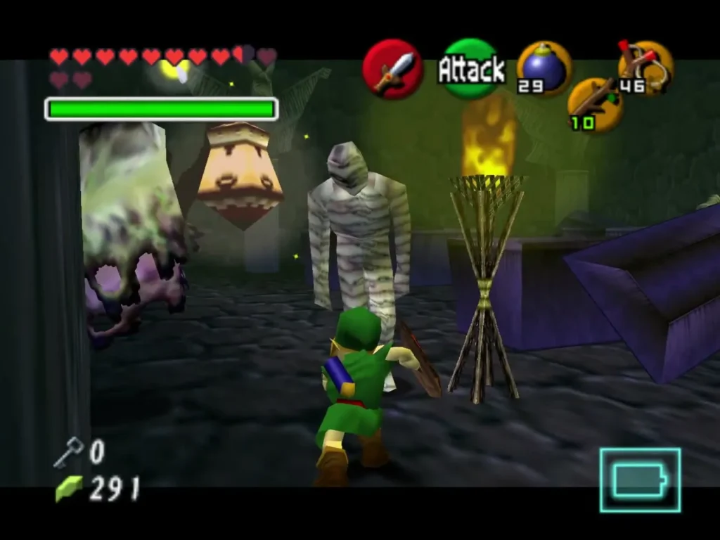 Child Link fighting a Gibdo next to a lit torch in the crypt Child Link fighting a Gibdo next to a lit torch in the crypt