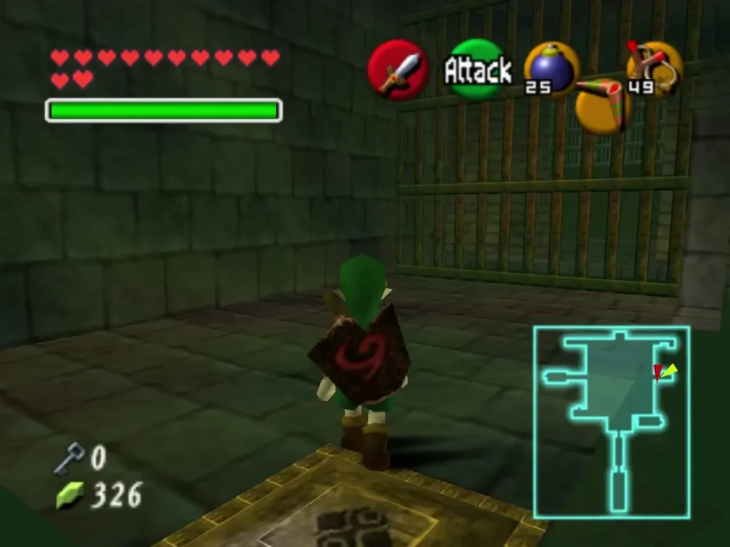 Link standing on a gold platform by a barred grate in the Bottom of the Well Link standing on a gold platform by a barred grate in the Bottom of the Well