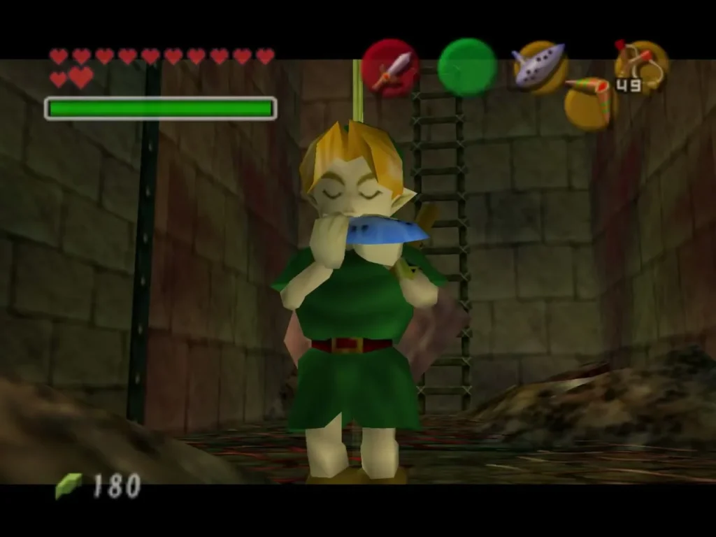 Child Link standing beside a wooden ladder on the wall of the first corridor Child Link standing beside a wooden ladder on the wall of the first corridor