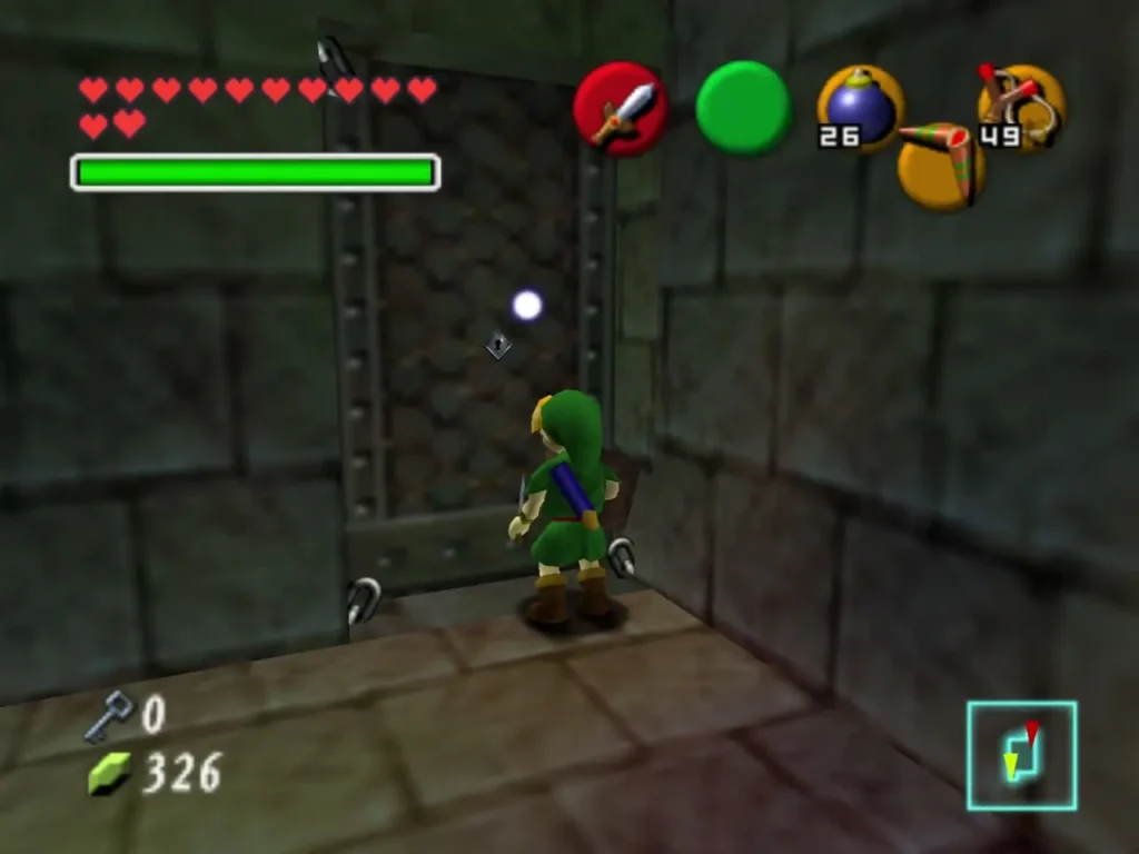 Link standing before a chained iron door in a stone corridor of the Bottom of the Well Link standing before a chained iron door in a stone corridor of the Bottom of the Well