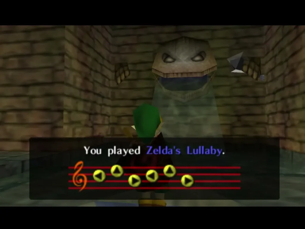 Zelda's Lullaby message box above Link in front of the statue Zelda's Lullaby message box above Link in front of the statue