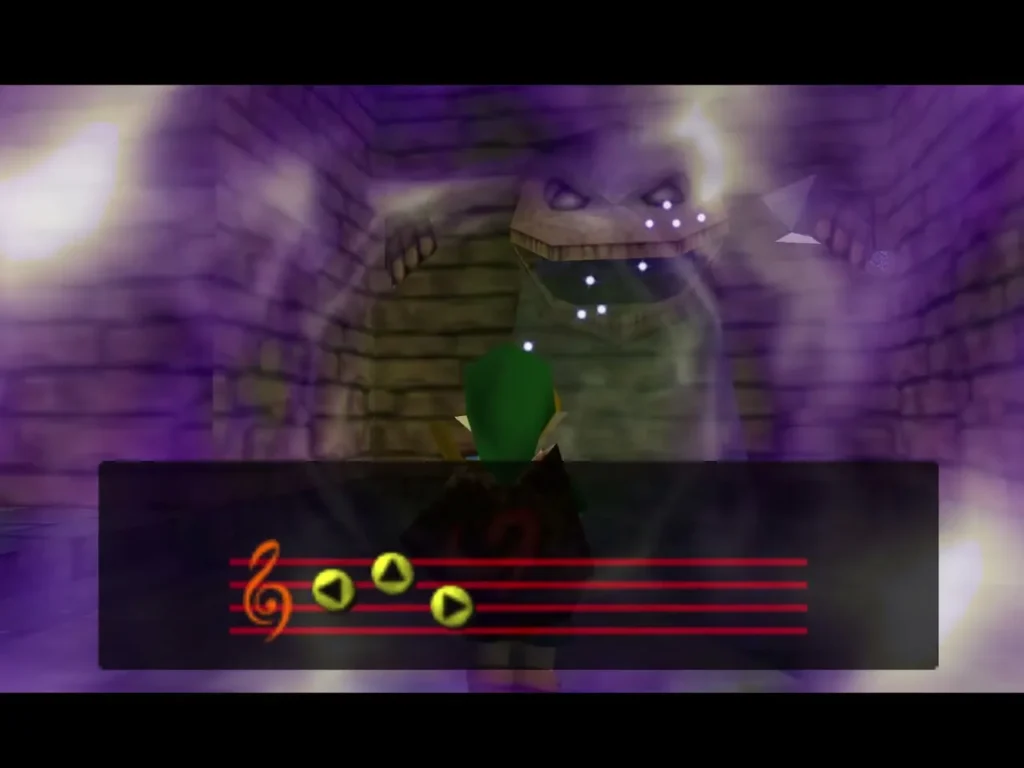 Child Link playing Zelda's Lullaby while a purple swirl surrounds the statue Child Link playing Zelda's Lullaby while a purple swirl surrounds the statue