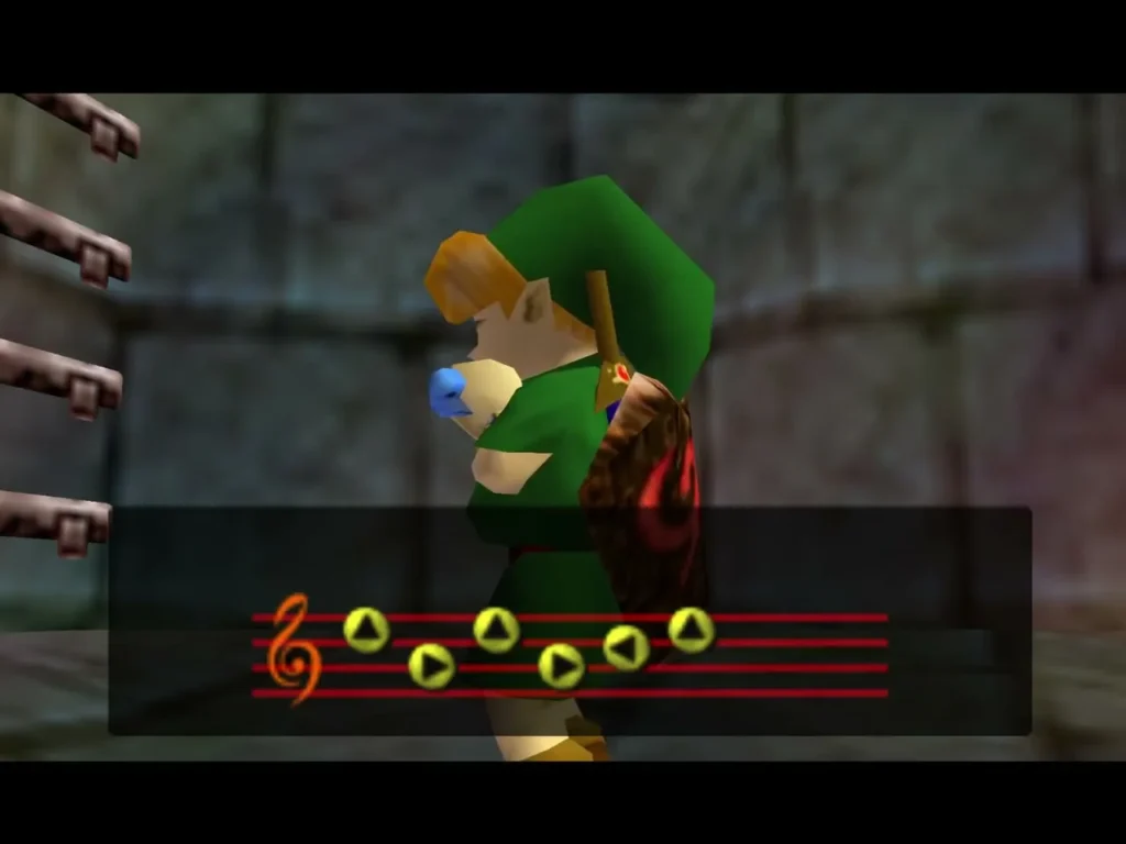 Link playing the ocarina with the musical staff of the Prelude of Light on screen Link playing the ocarina with the musical staff of the Prelude of Light on screen