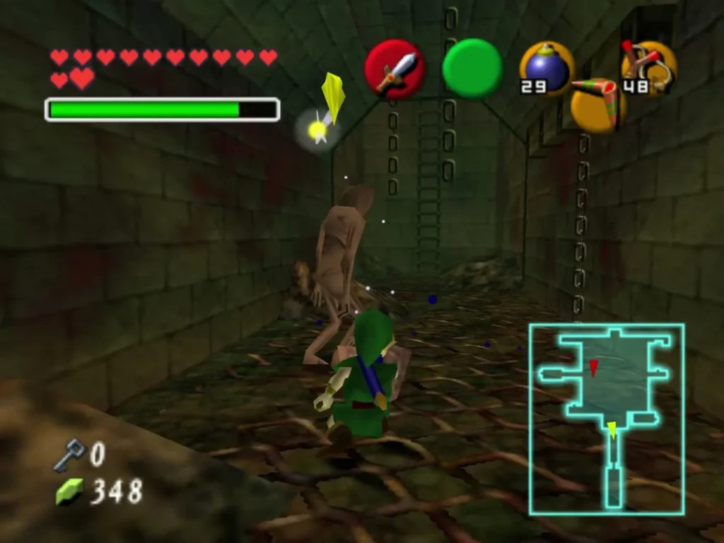 A ReDead lunging at Child Link in a blood-stained stone corridor A ReDead lunging at Child Link in a blood-stained stone corridor