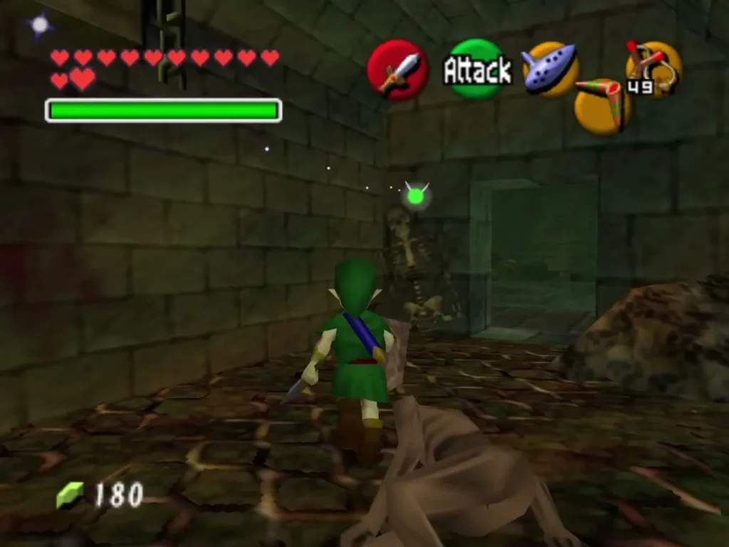 A ReDead standing in the mossy stone corridor as child Link approaches A ReDead standing in the mossy stone corridor as child Link approaches