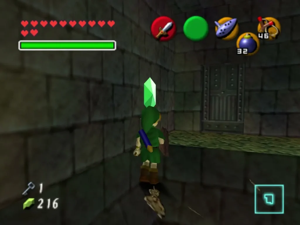 Child Link with a green Rupee raised above his head in a stone corridor Child Link with a green Rupee raised above his head in a stone corridor