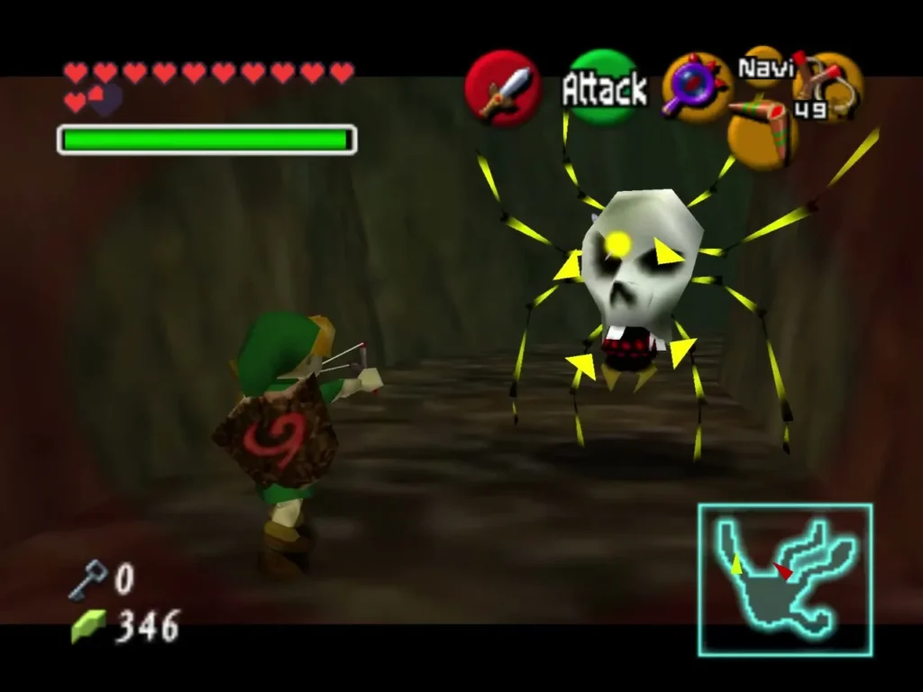 A white Skulltula with yellow lock-on markers dropping from the ceiling beside Child Link A white Skulltula with yellow lock-on markers dropping from the ceiling beside Child Link