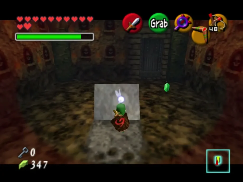 Link standing on the pulled-aside stone slab in the crypt with a green Rupee nearby Link standing on the pulled-aside stone slab in the crypt with a green Rupee nearby