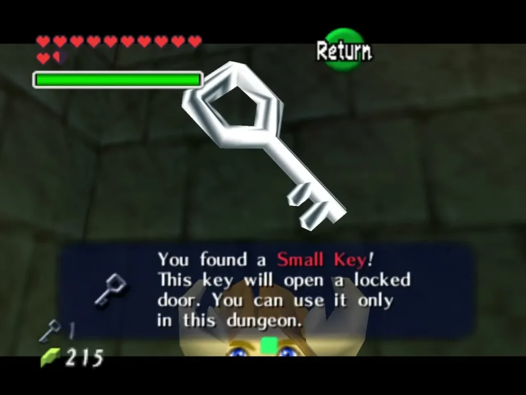 Child Link holding up a Small Key with the You found a Small Key message box Child Link holding up a Small Key with the You found a Small Key message box
