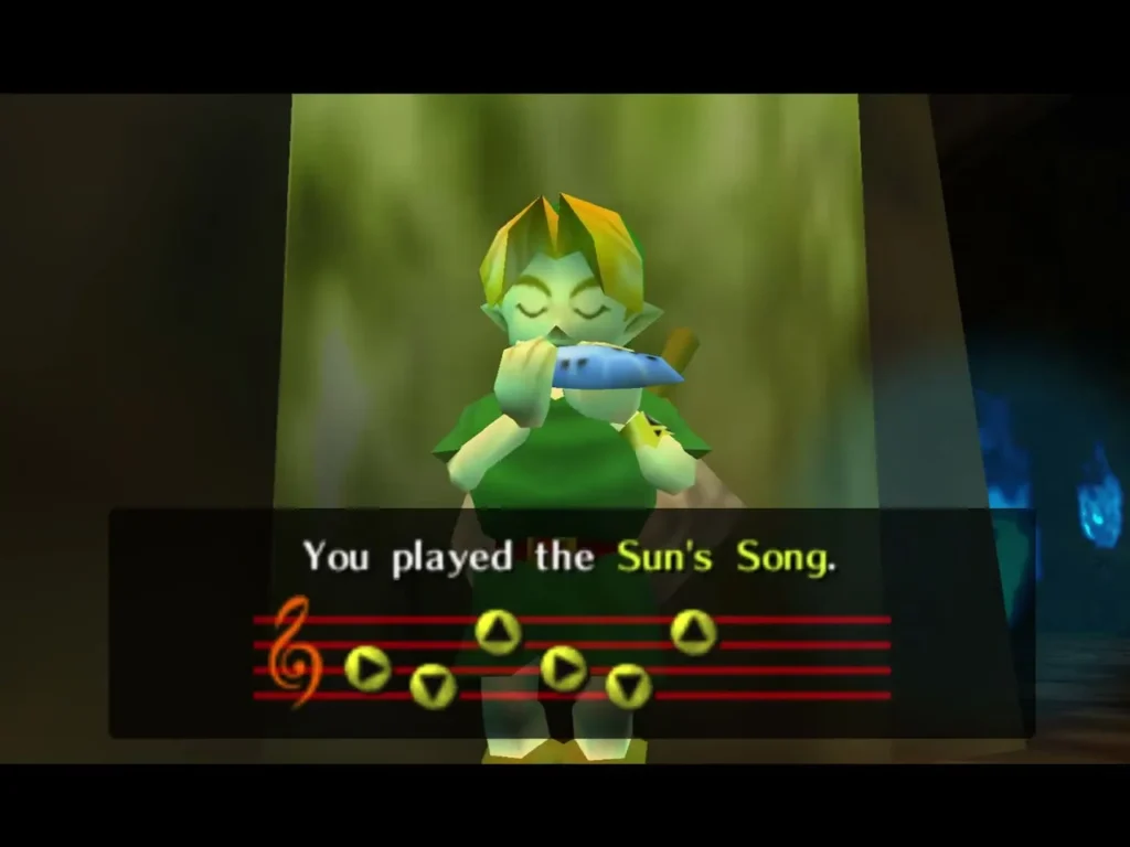 Link playing the ocarina with the You played the Sun's Song message box Link playing the ocarina with the You played the Sun's Song message box
