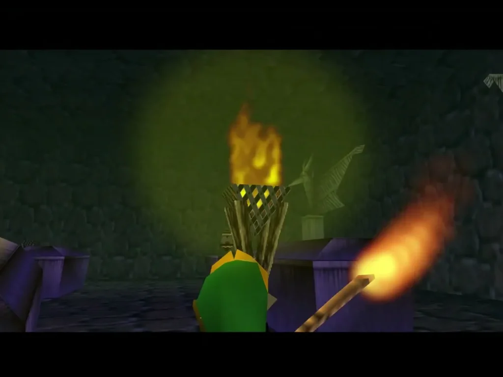 Child Link lighting a torch with a flaming Deku Stick in the crypt Child Link lighting a torch with a flaming Deku Stick in the crypt