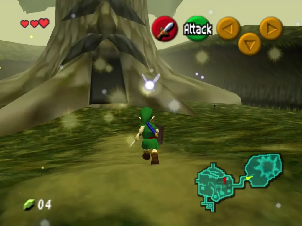 Link walking up to the Great Deku Tree in his clearing Link walking up to the Great Deku Tree in his clearing