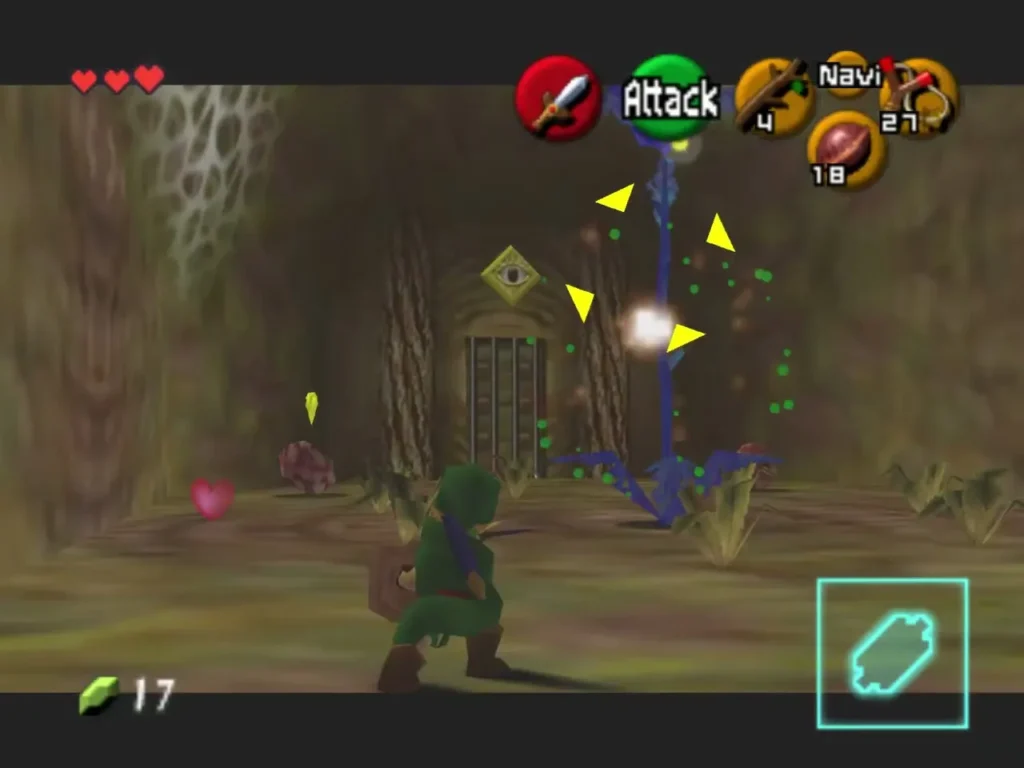 Link striking the Big Deku Baba with its locks showing Link striking the Big Deku Baba with its locks showing