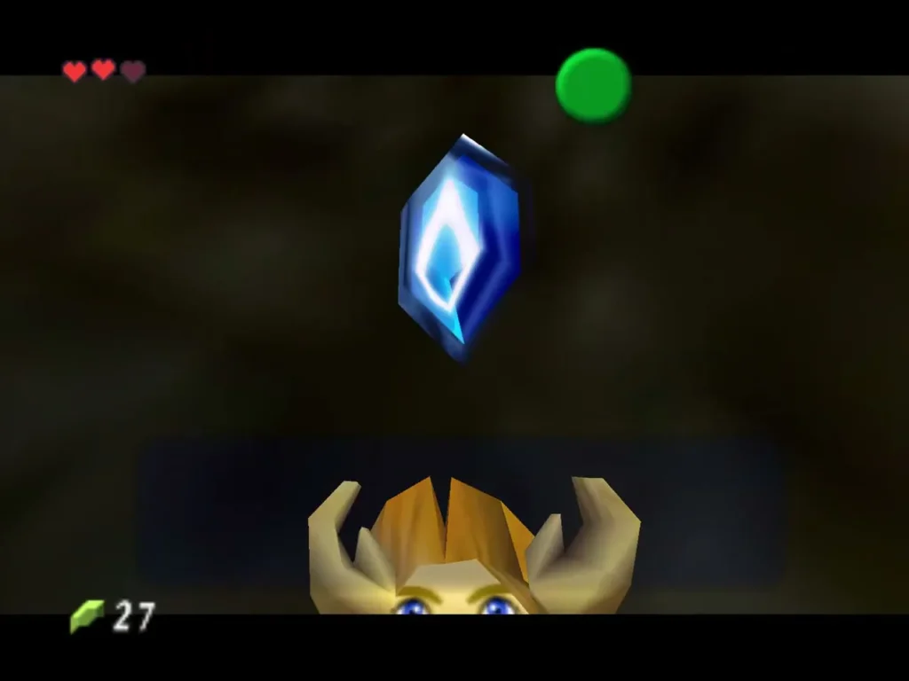 Link holding up a Blue Rupee he took from the chest Link holding up a Blue Rupee he took from the chest