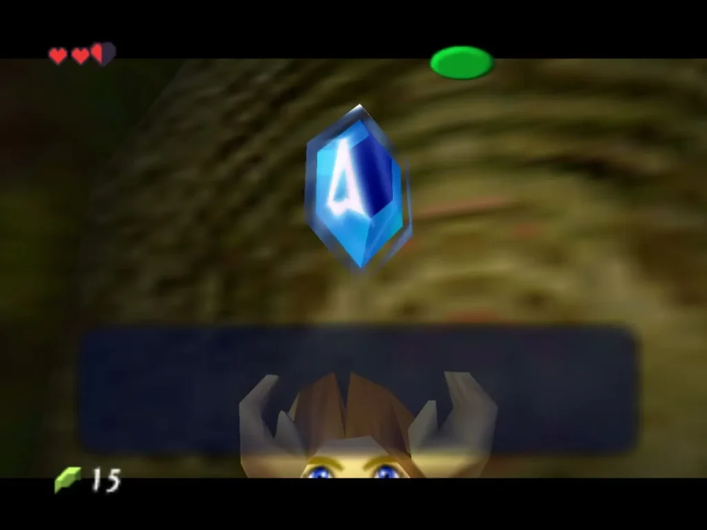 Link holding up a Blue Rupee he took from the chest in the stone cave Link holding up a Blue Rupee he took from the chest in the stone cave