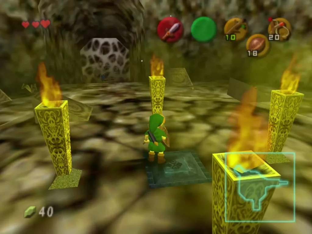 Link on the blue floor switch with three golden torches burning around him Link on the blue floor switch with three golden torches burning around him