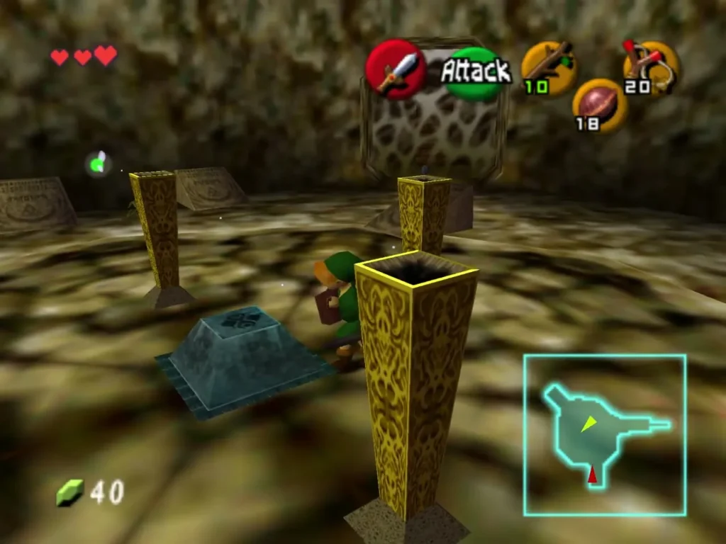 Link standing beside the blue floor switch with unlit golden torches Link standing beside the blue floor switch with unlit golden torches
