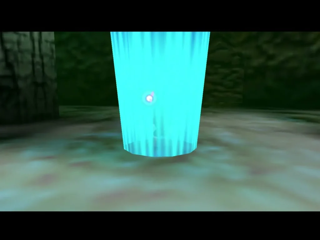 Tall blue warp light column rising in the Deku Tree clearing Tall blue warp light column rising in the Deku Tree clearing