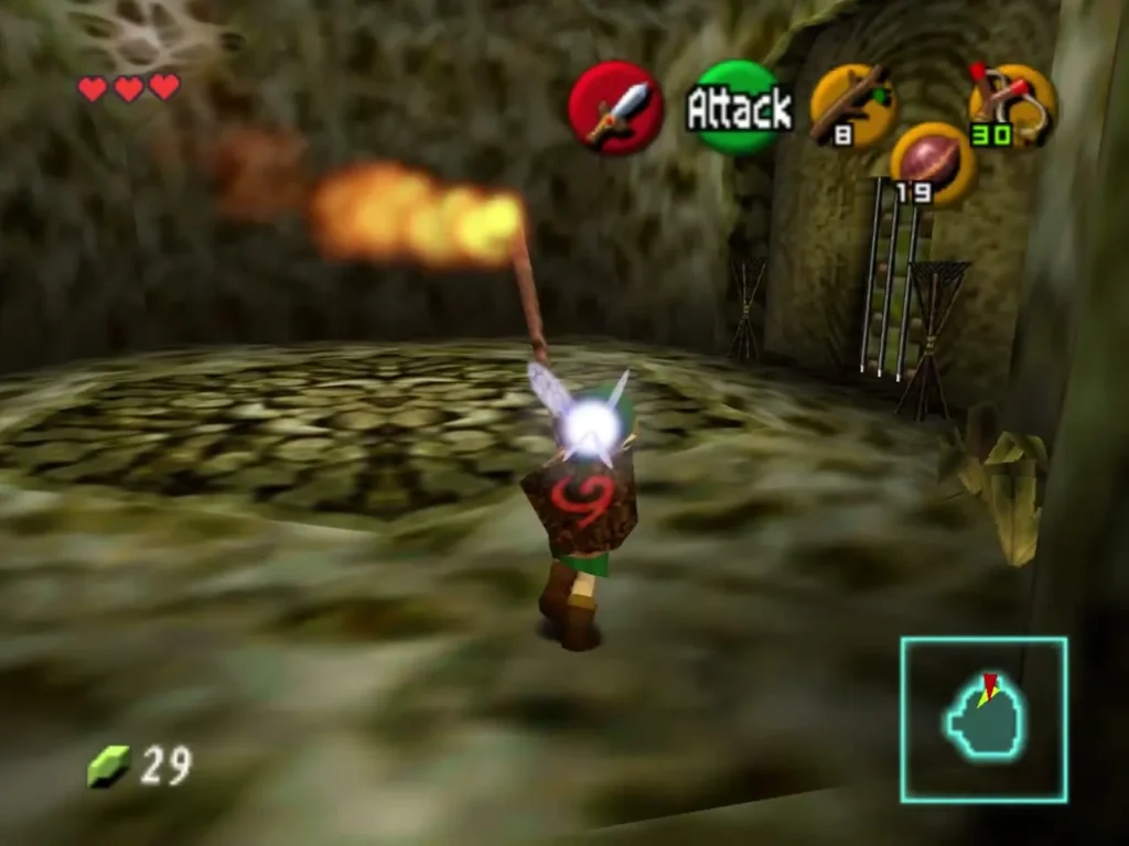 Link carrying a flaming Deku Stick across the room toward the torches Link carrying a flaming Deku Stick across the room toward the torches