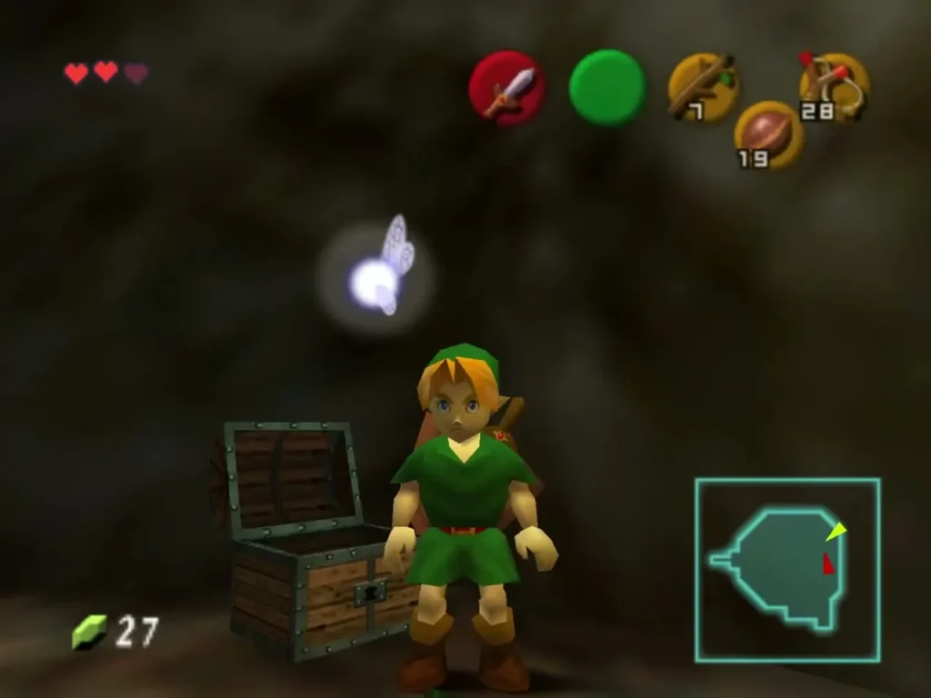 Link standing beside an open wooden chest in the lower room Link standing beside an open wooden chest in the lower room