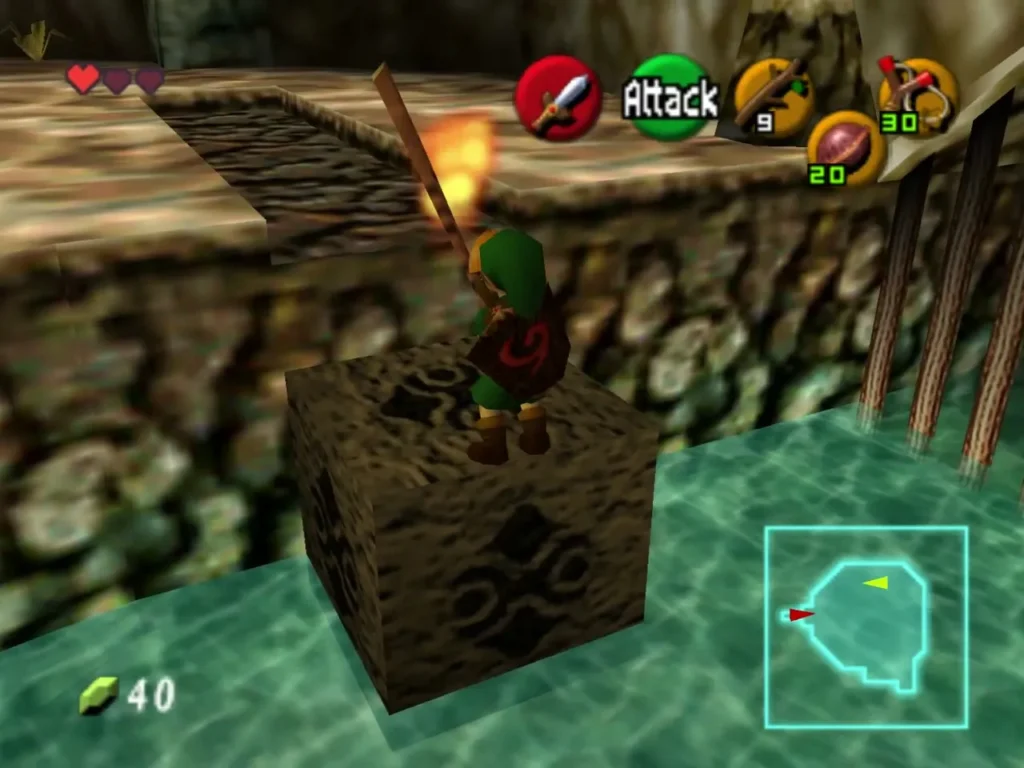Link standing on the stone block in the water holding a lit Deku Stick Link standing on the stone block in the water holding a lit Deku Stick