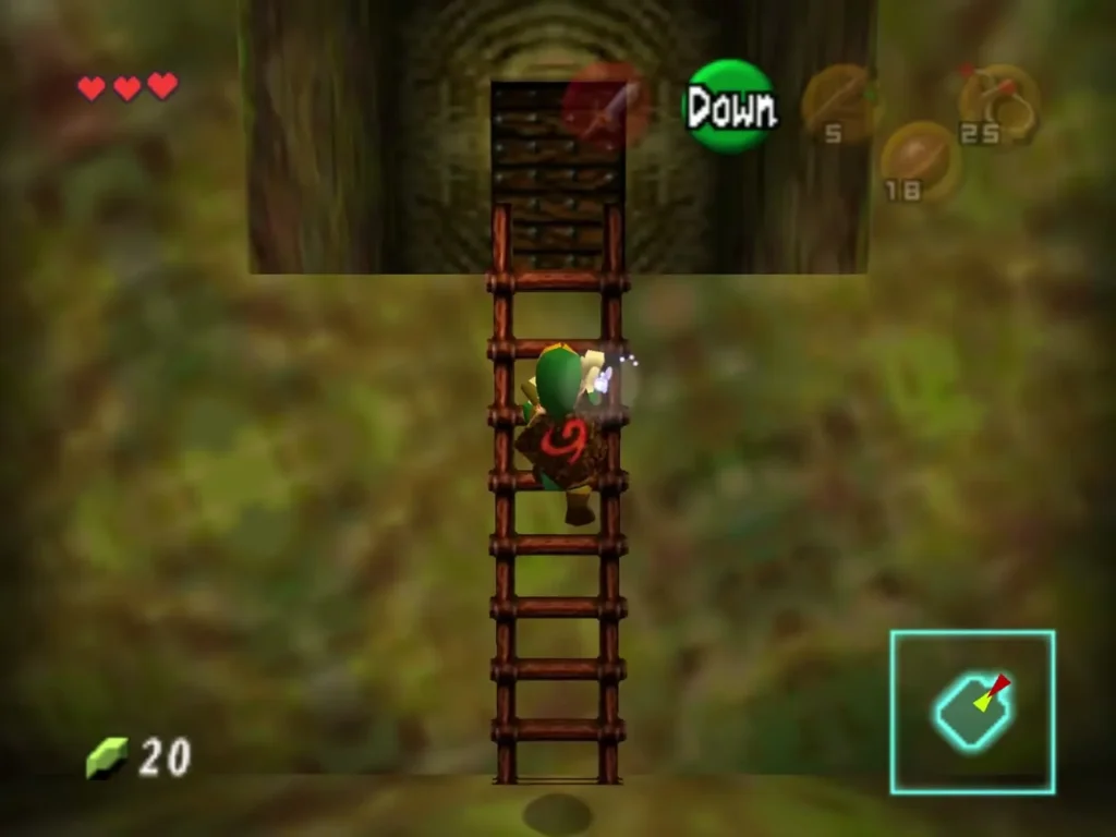 Link climbing down the wooden ladder toward the ground floor Link climbing down the wooden ladder toward the ground floor