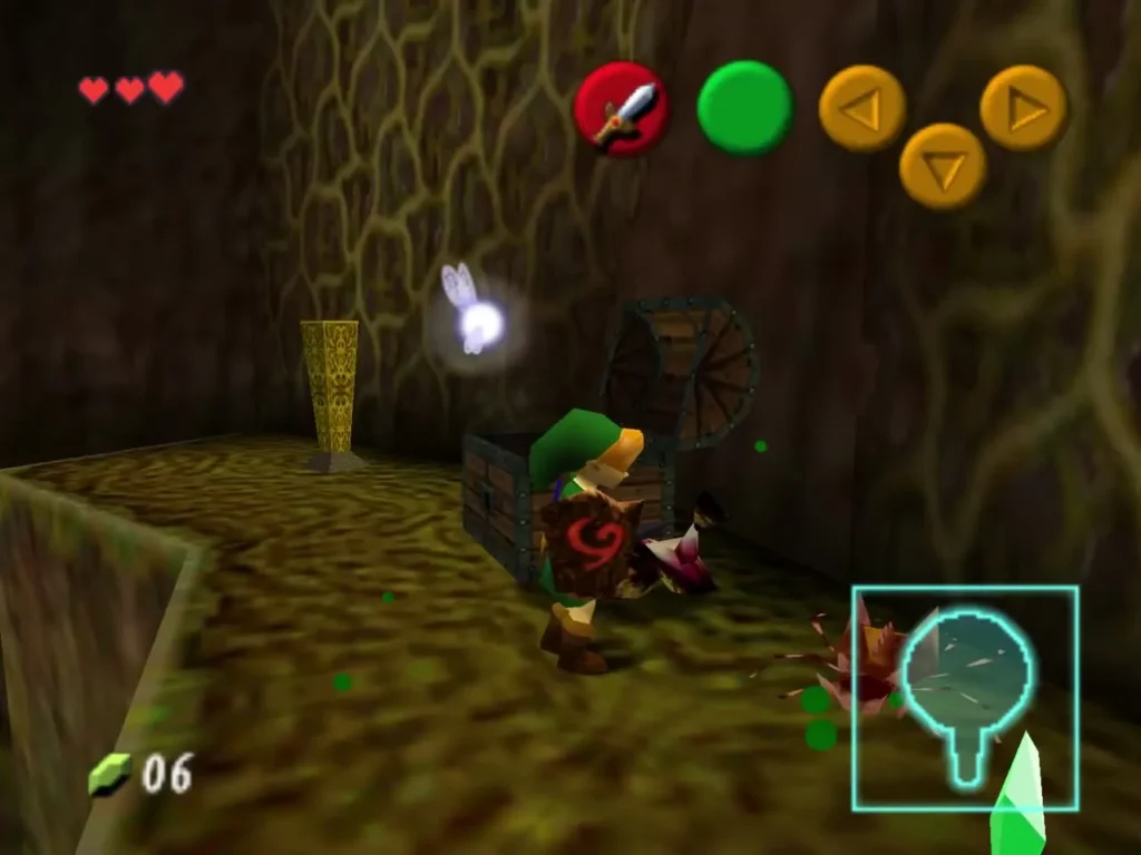 Link beside the large chest in the Deku Tree after the crate breaks open Link beside the large chest in the Deku Tree after the crate breaks open