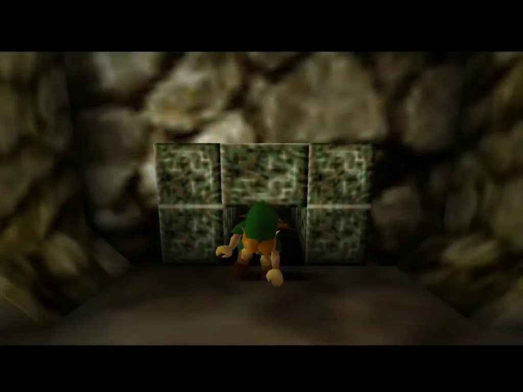 Link walking into the dark stone passage past the carved stone tiles Link walking into the dark stone passage past the carved stone tiles