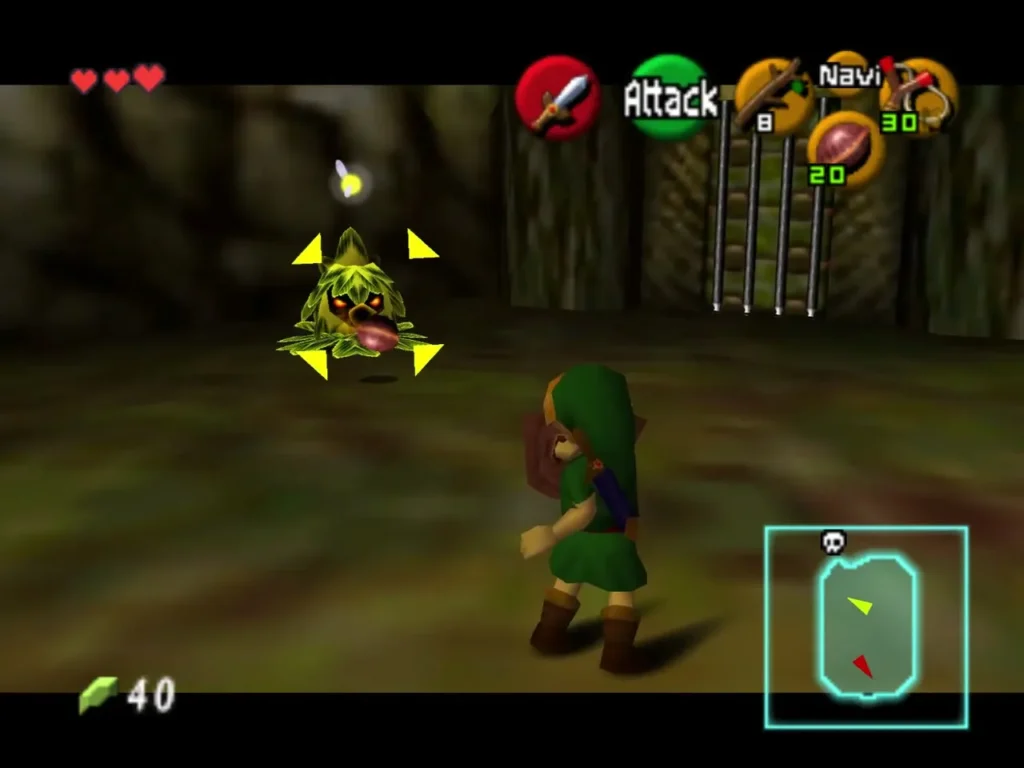 Link facing a Deku Scrub on the shore beside the barred doors Link facing a Deku Scrub on the shore beside the barred doors