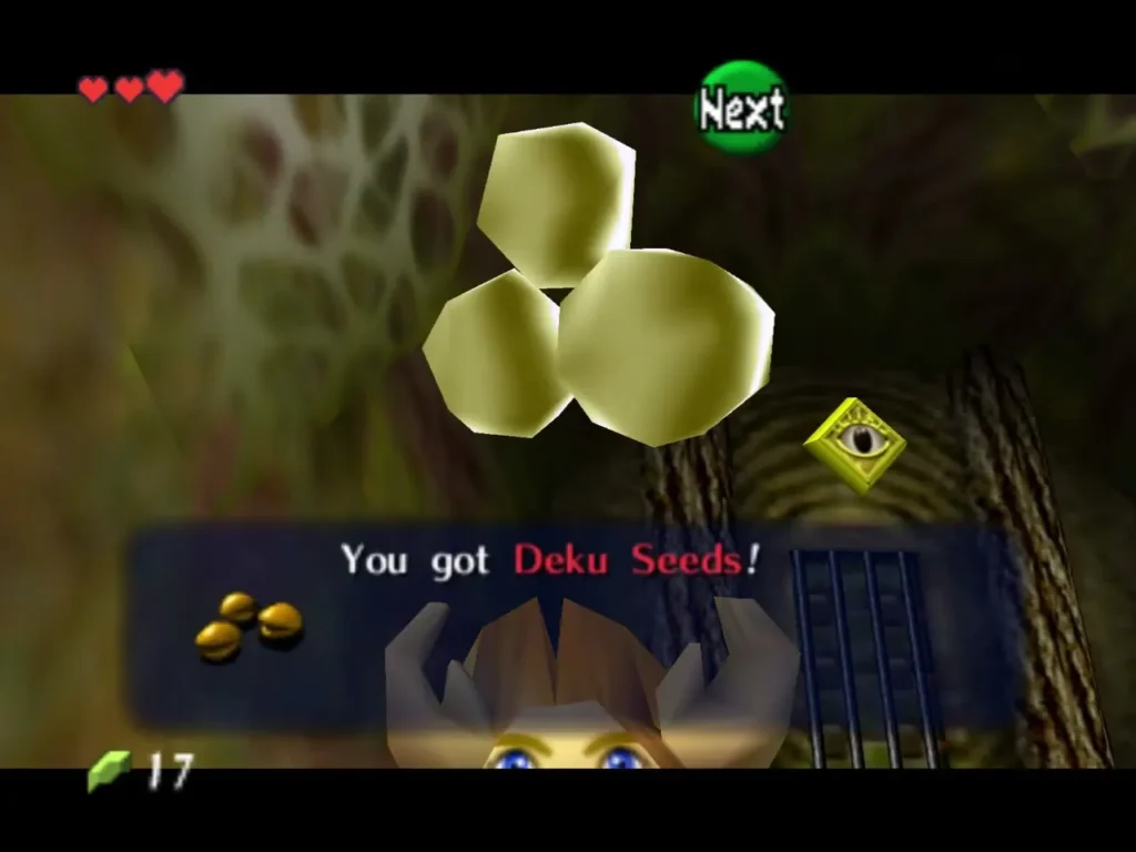 Message that Link got Deku Seeds, with the seeds held above his head Message that Link got Deku Seeds, with the seeds held above his head