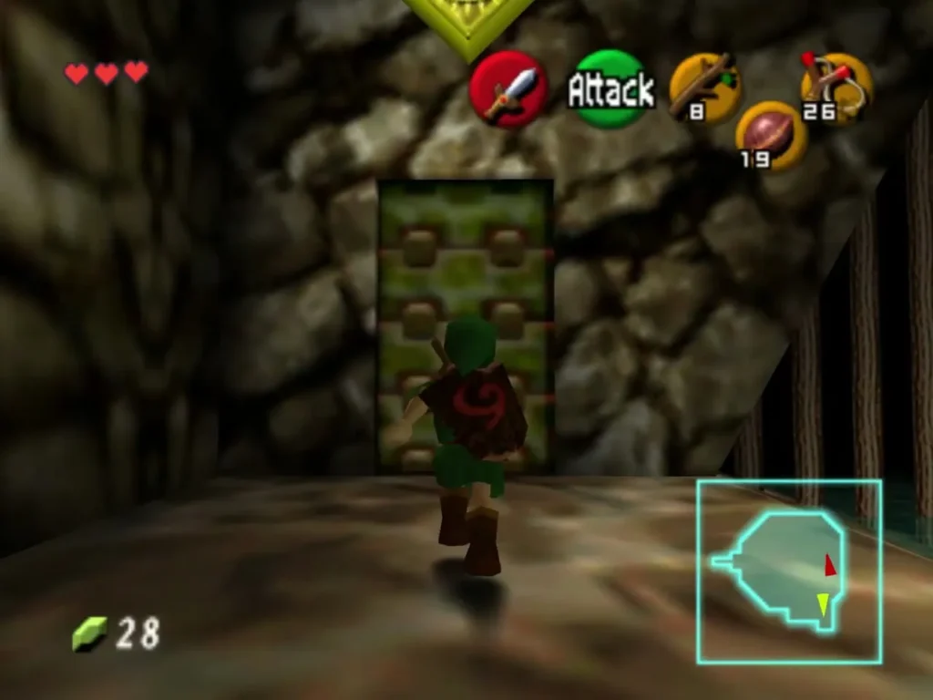 Link walking toward the grated door in the stone passage Link walking toward the grated door in the stone passage