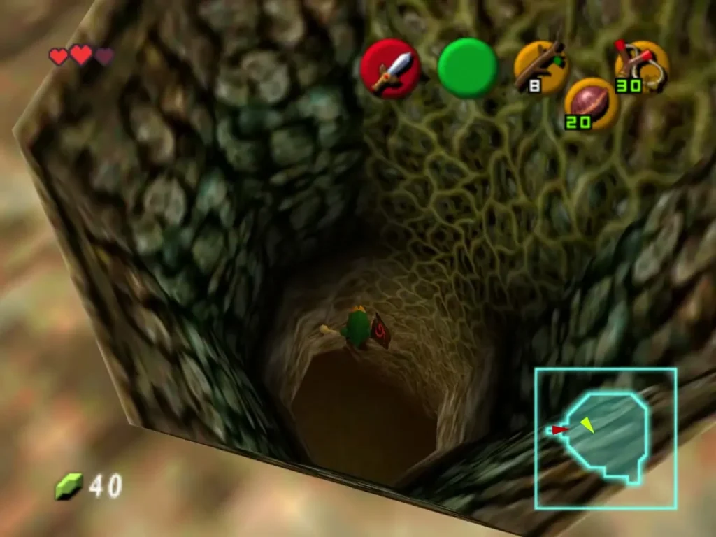 Link standing down inside the burned hole in the floor Link standing down inside the burned hole in the floor